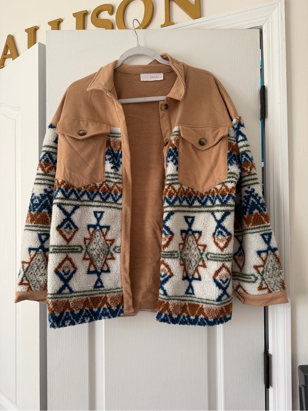 Shop Wanna B Aztec Sherpa Jacket - Tan & Multi